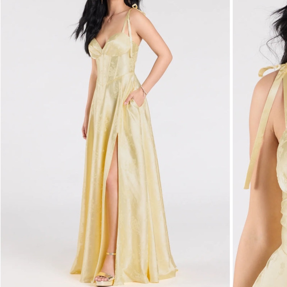 Windsor Melika Bustier Slit A-Line Satin Formal Dress Yellow Elegant Gown 11/12